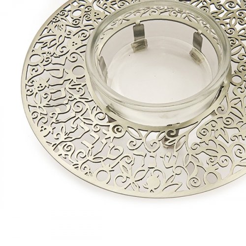 Yair Emanuel Raised Honey Dish with Cutout Pomegranates and Shanah Tovah - Silver