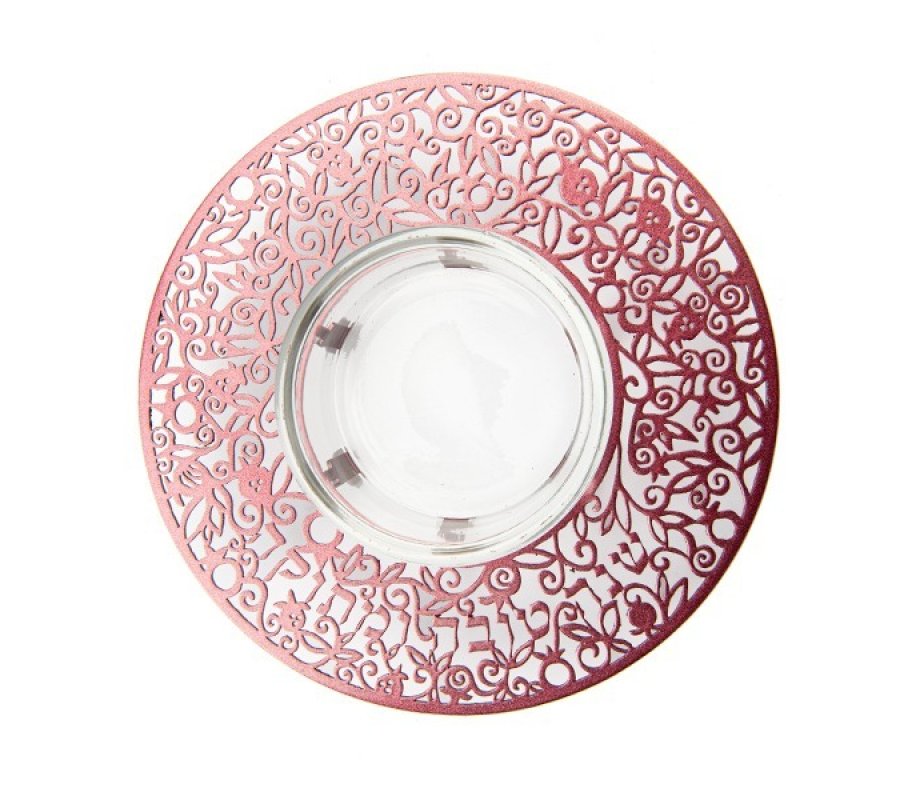 Yair Emanuel Raised Honey Dish with Cutout Shanah Tovah and Pomegranates - Maroon