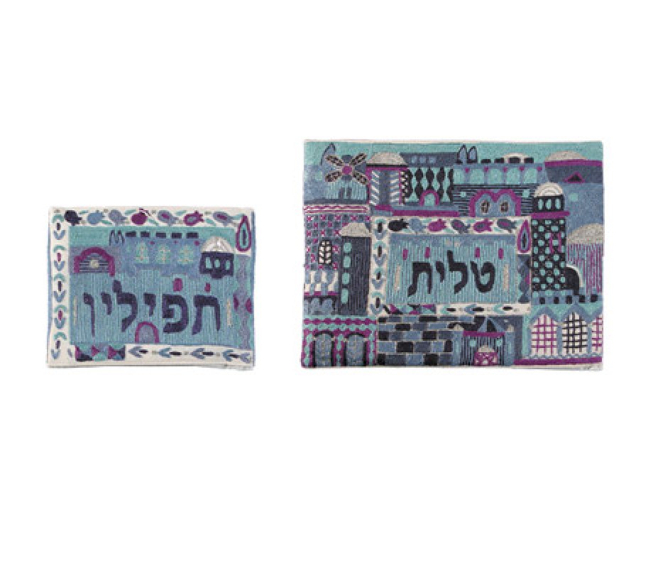 Yair Emanuel Raw Cotton Blue Tallit & Tefillin Bag Embroidered Jerusalem Scenes