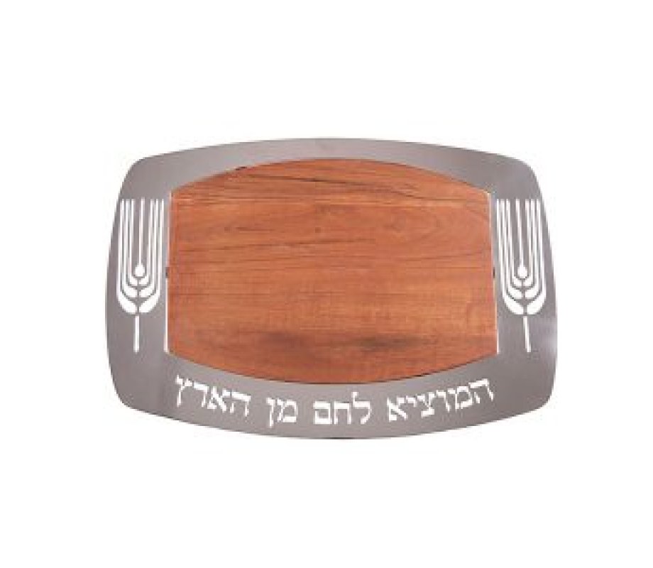 Yair Emanuel Rectangle Wood Challah Board - Wheat Design and Blessing Words