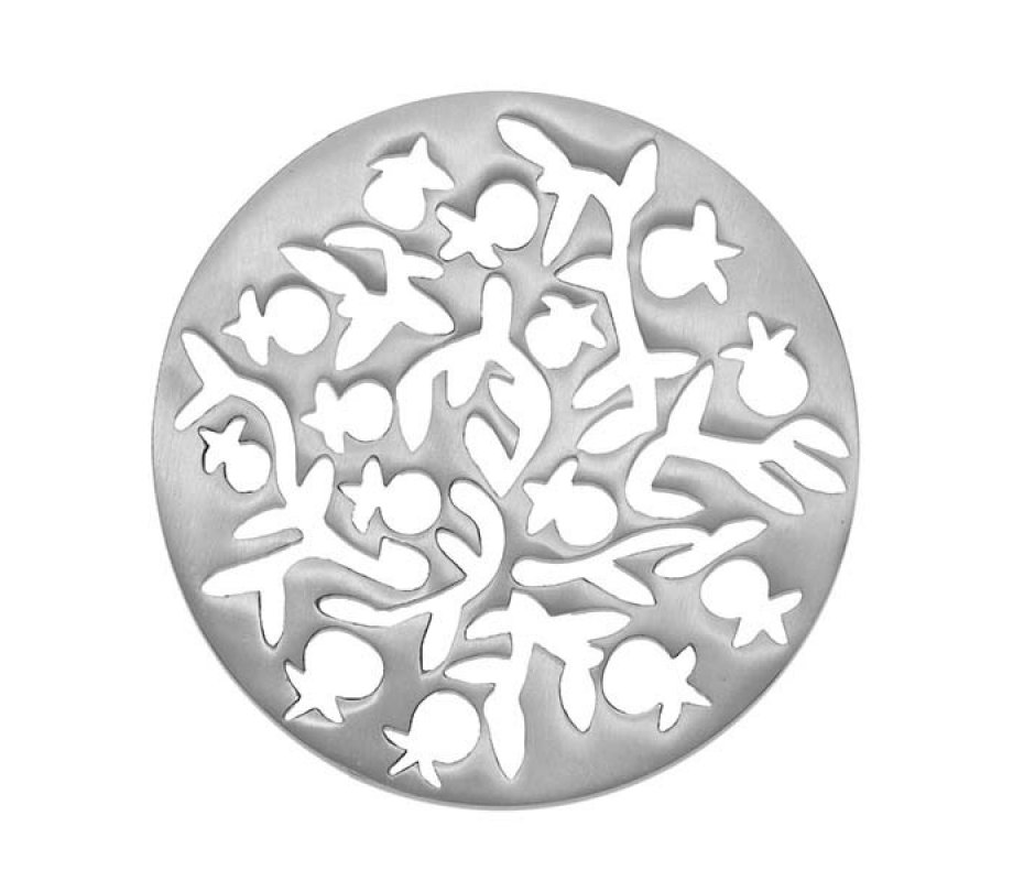 Yair Emanuel Round Aluminum Trivet, Pomegranates - Silver