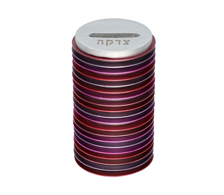 Yair Emanuel Round Charity Tzedakah Box, Stacked Discs - Violet and Maroon Shades