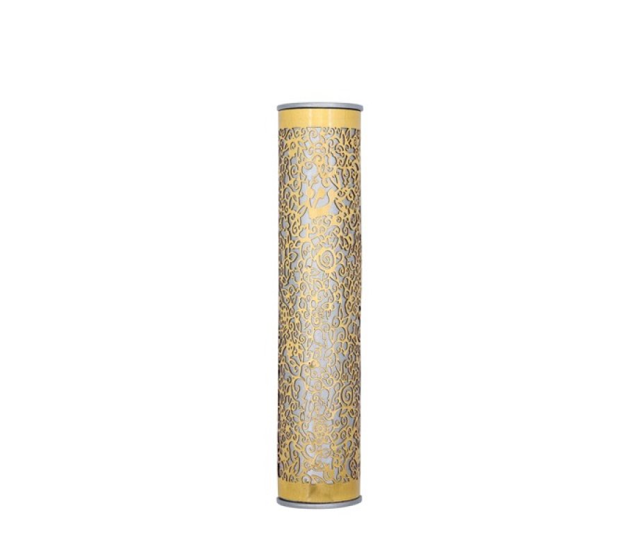 Yair Emanuel Rounded Mezuzah Case, Cutout Pomegranates – Gold on Silver