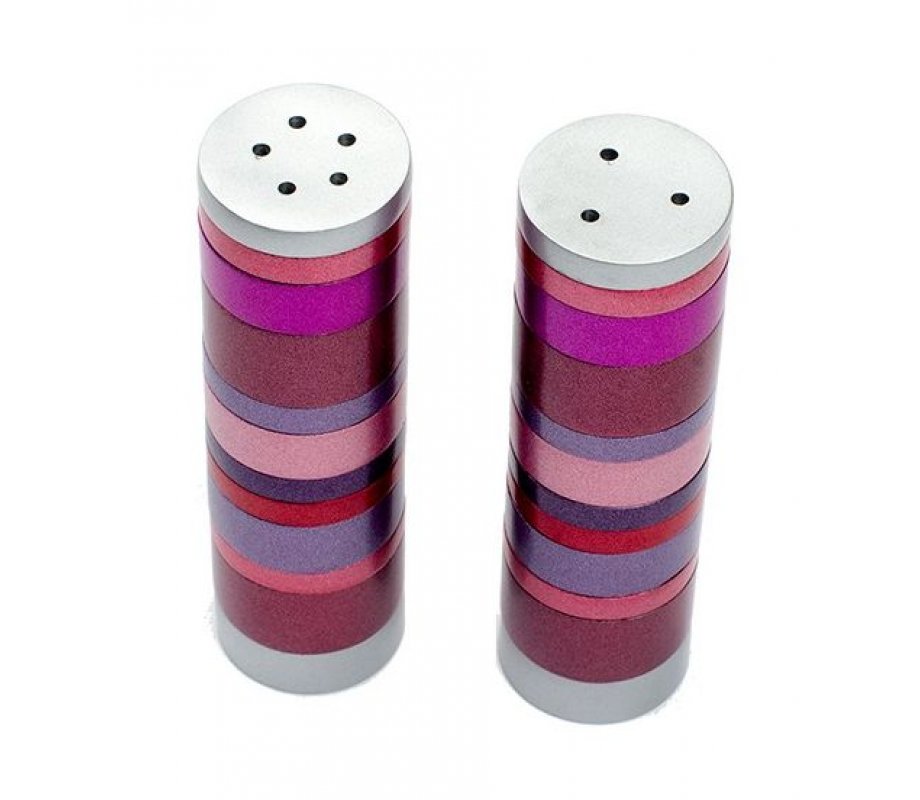 Yair Emanuel Salt and Pepper Shakers, Anodized Aluminum – Maroon Rings