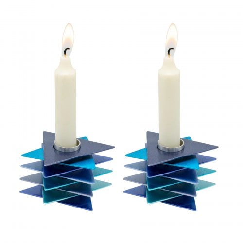 Yair Emanuel Shabbat Candlesticks, Stacked Triangle Stars of David – Blue