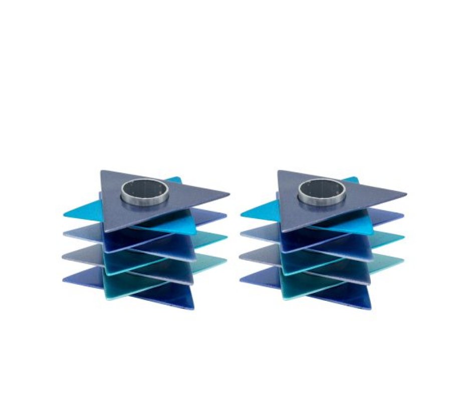 Yair Emanuel Shabbat Candlesticks, Stacked Triangle Stars of David – Blue