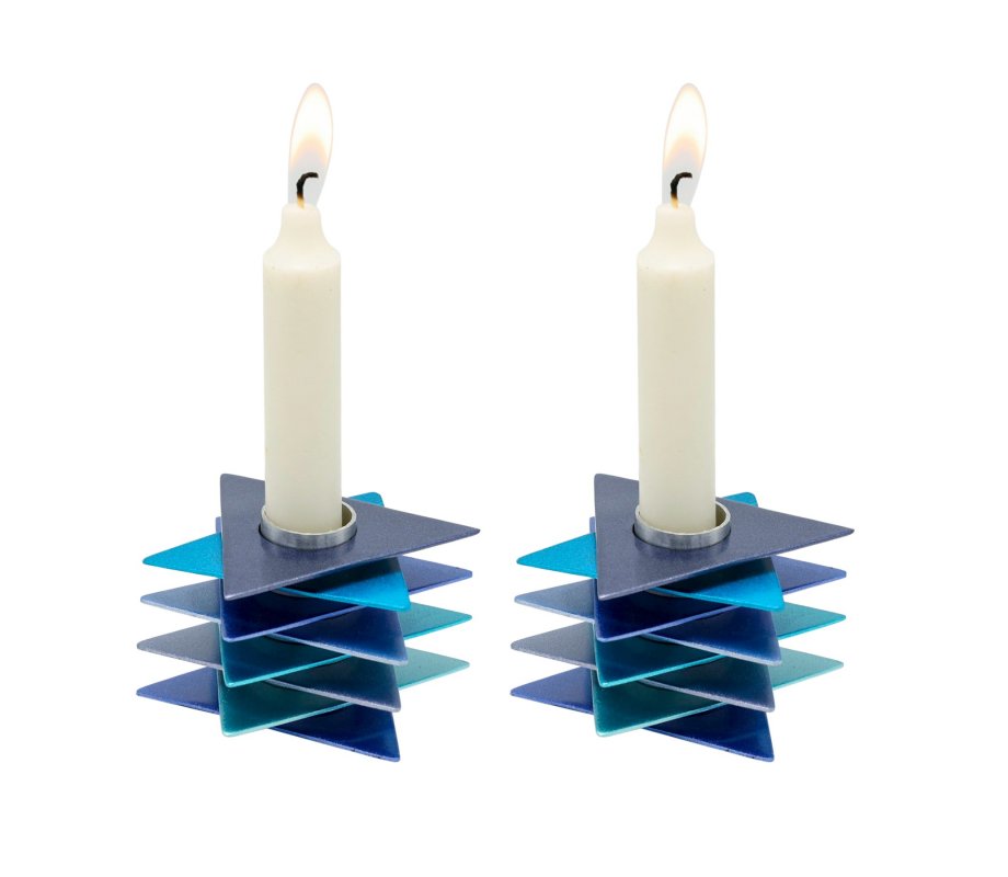 Yair Emanuel Shabbat Candlesticks, Stacked Triangle Stars of David – Blue