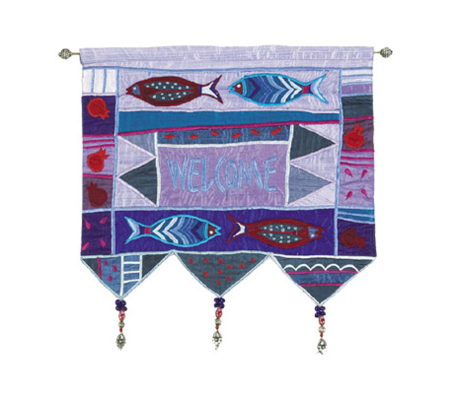 Yair Emanuel Silk Applique Welcome Blue Wall Hanging, Fish - English