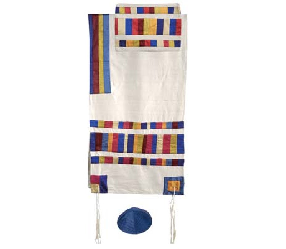 Yair Emanuel Silk Tallit Set with Embroidered Silk Applique, Multicolor stripes