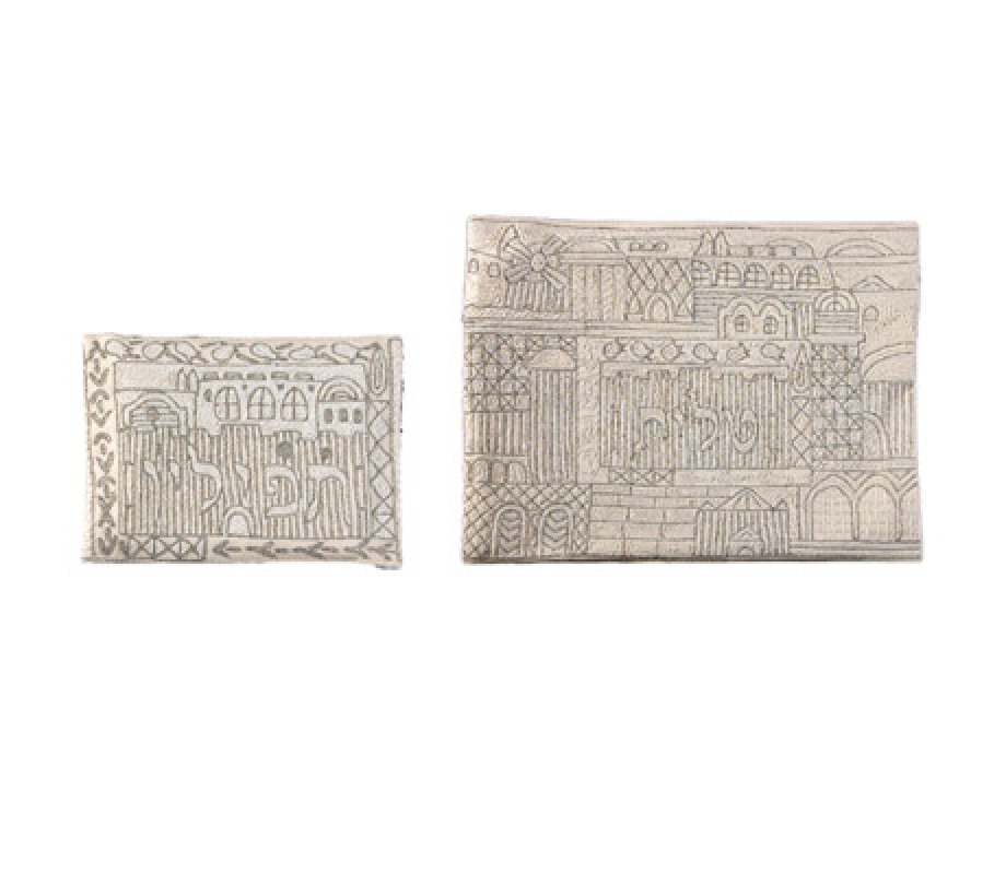 Yair Emanuel Silver Cotton Tallit & Tefillin Bag – Embroidered Jerusalem Scenes