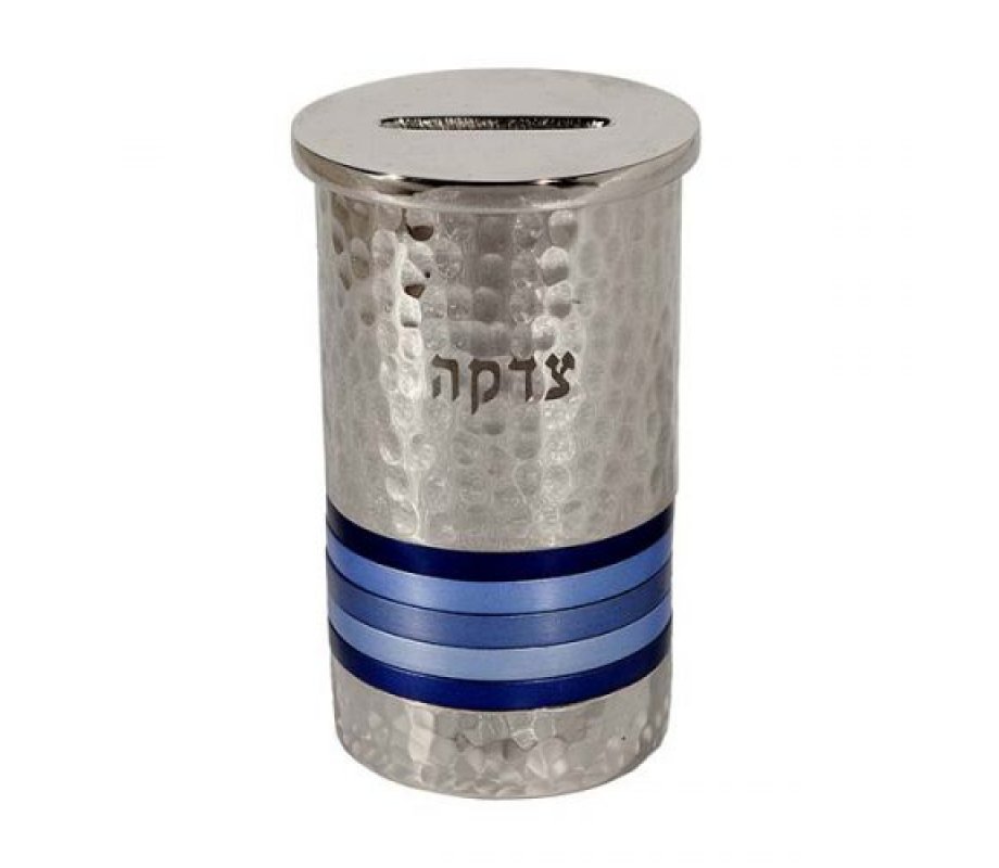 Yair Emanuel Silver Hammered Nickel Round Charity Box - Blue Rings