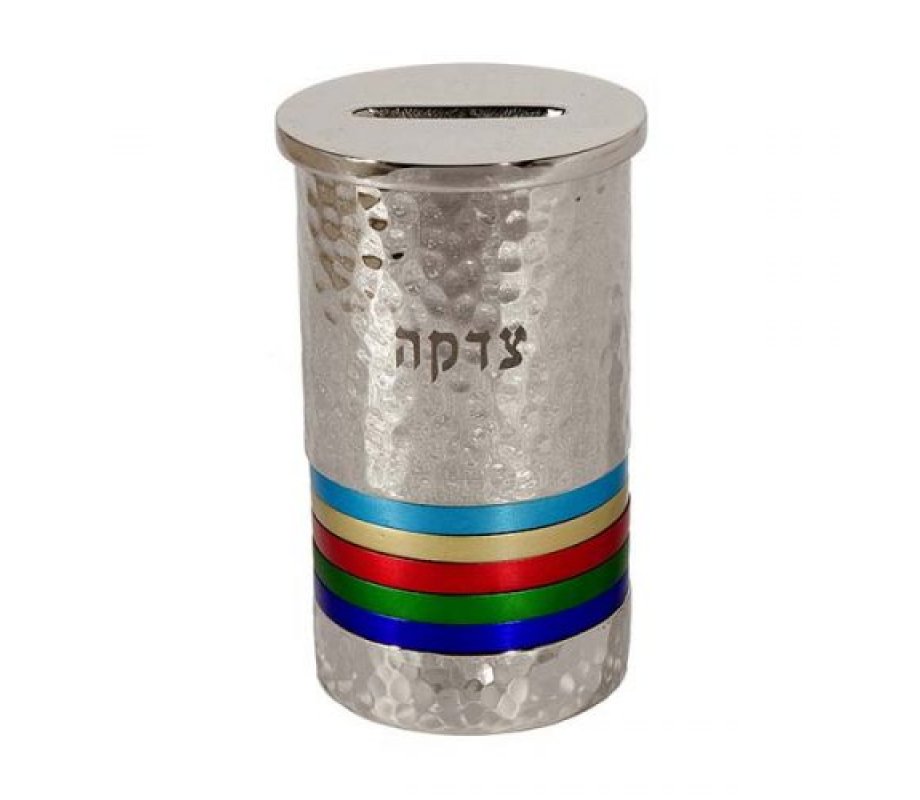 Yair Emanuel Silver Hammered Nickel Round Charity Box - Multicolor Rings
