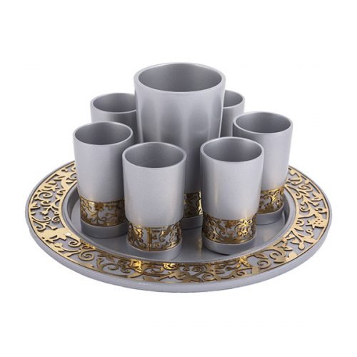 Yair Emanuel Silver Kiddush Cup, Small Cups and Tray - Gold Cutout Pomegranates