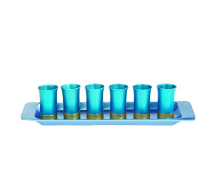 Yair Emanuel Six Anodized Aluminum Kiddush Cups and Tray – Metallic Colors