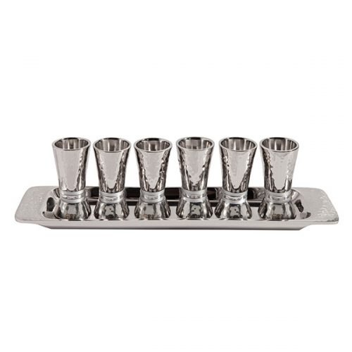 Yair Emanuel Six Hammered Aluminum Kiddush Cups and Tray - Silver Bands