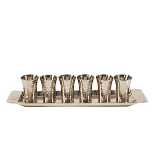 Yair Emanuel Six Hammered Nickel Kiddush Cups and Tray - Silver