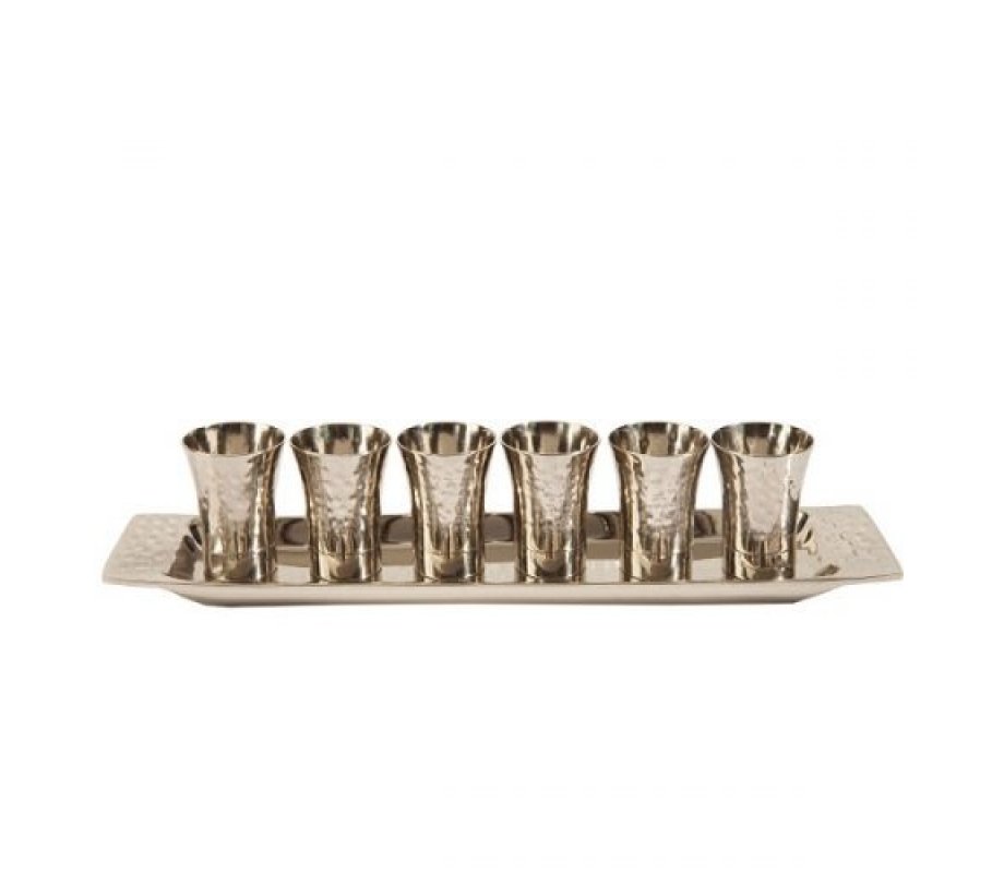 Yair Emanuel Six Hammered Nickel Kiddush Cups and Tray - Silver