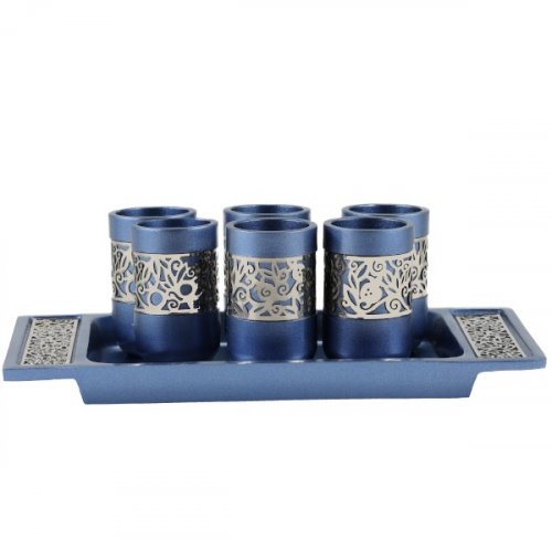 Yair Emanuel Six Pomegranate Decorated Kiddush Cups on Tray  Blue and Silver