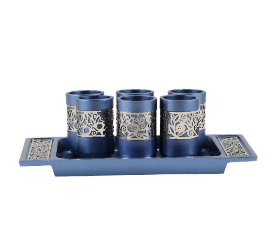 Yair Emanuel Six Pomegranate Decorated Kiddush Cups on Tray – Blue and Silver