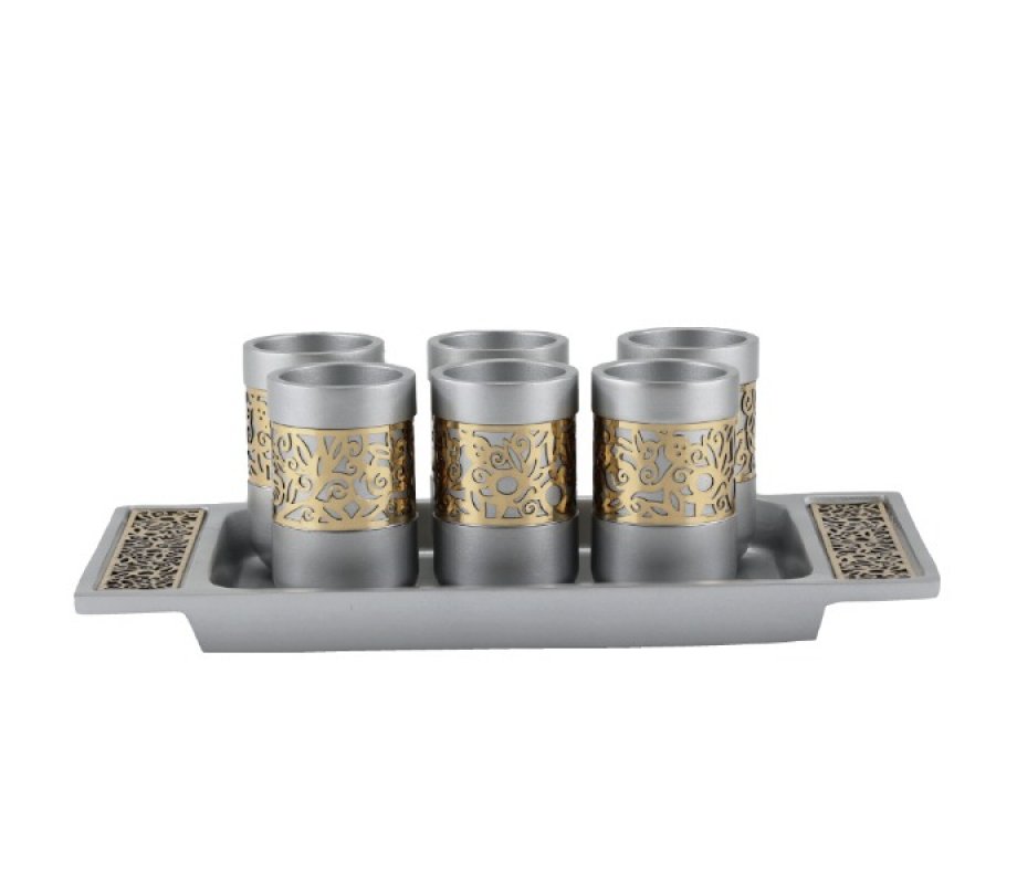 Yair Emanuel Six Pomegranate Decorated Kiddush Cups on Tray - Silver & Gold