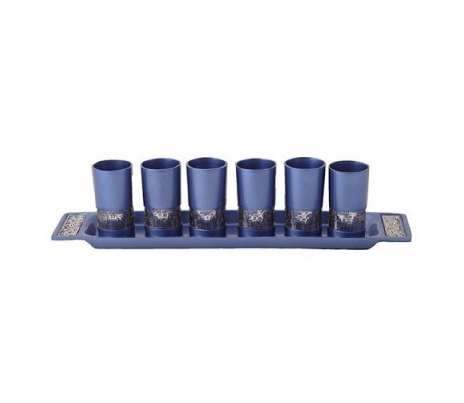 Yair Emanuel Six Small Kiddush Cups with Tray, Jerusalem Cutout - Blue