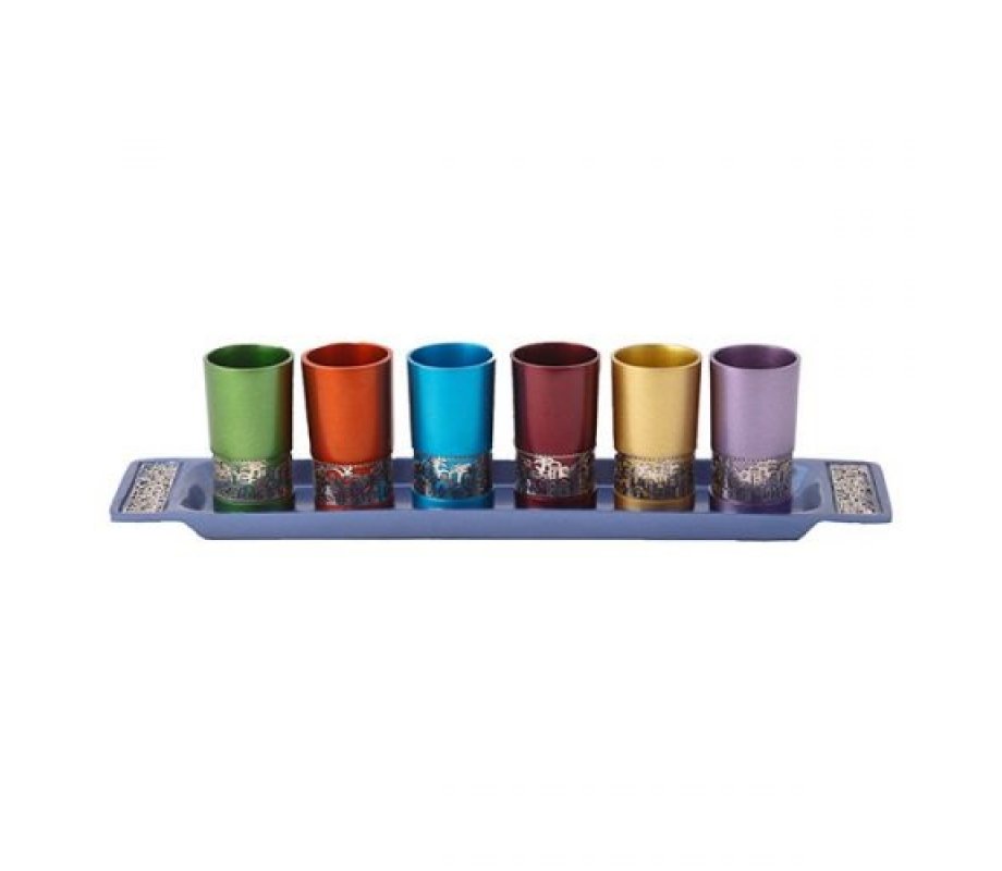 Yair Emanuel Six Small Kiddush Cups with Tray, Jerusalem Cutout - Colorful