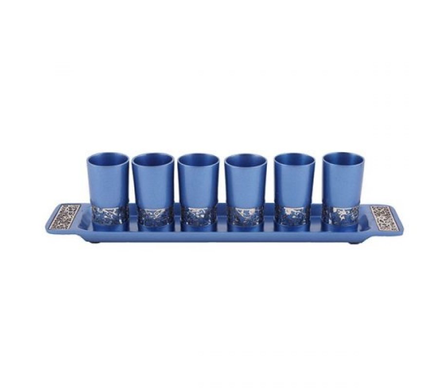 Yair Emanuel Six Small Kiddush Cups with Tray, Pomegranate Cutout - Blue