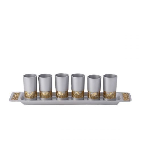 Yair Emanuel Six Small Silver Kiddush Cups with Tray, Gold Jerusalem Cutout