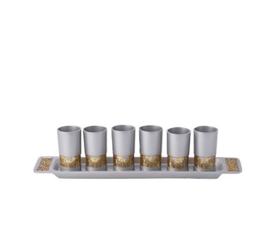 Yair Emanuel Six Small Silver Kiddush Cups with Tray, Gold Jerusalem Cutout