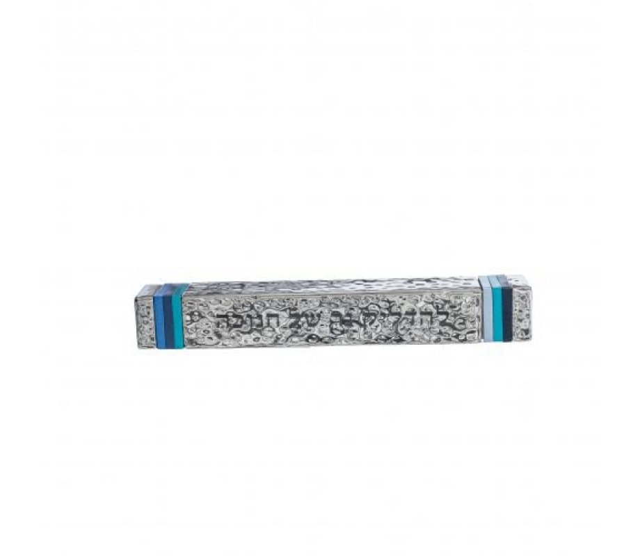 Yair Emanuel Sliding Compact Pocket Menorah, Blessing Words – Blue Stripes