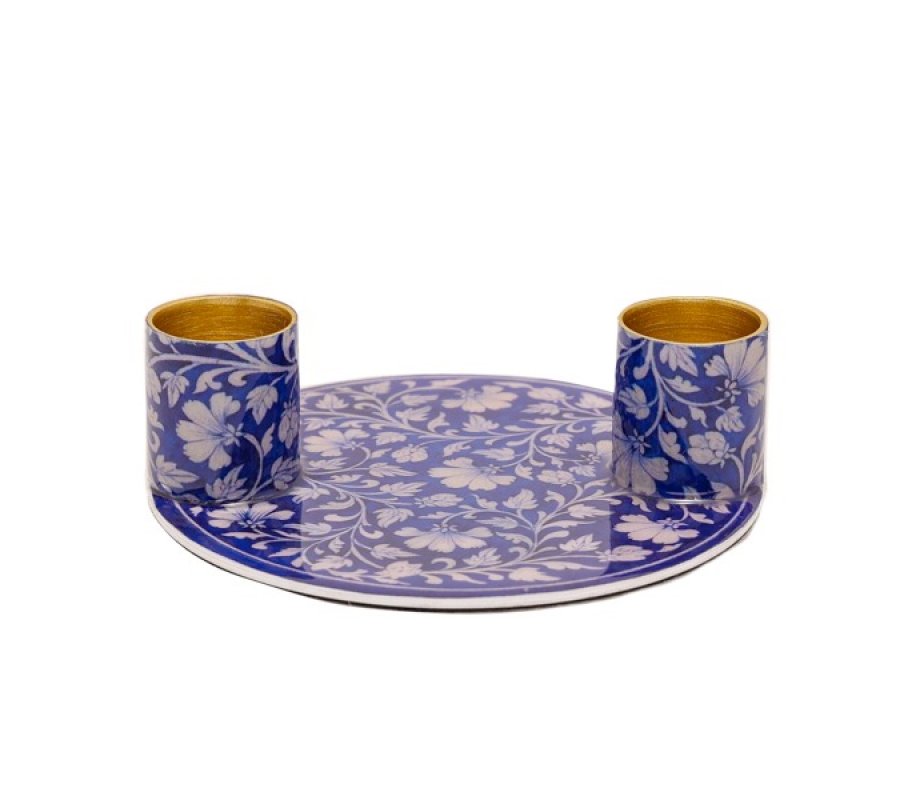 Yair Emanuel Small Candle Holders on Attached Tray - Silver Flowers on Blue