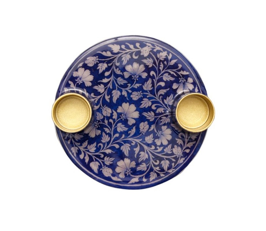 Yair Emanuel Small Candle Holders on Attached Tray - Silver Flowers on Blue