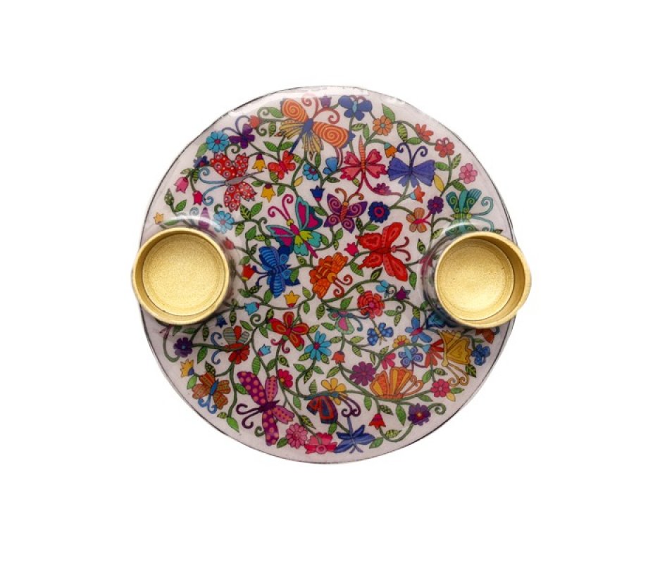 Yair Emanuel Small Candle Holders on Attached Tray - Butterfly Design