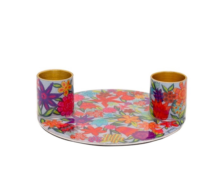 Yair Emanuel Small Candle Holders on Attached Tray - Colorful Flower Design