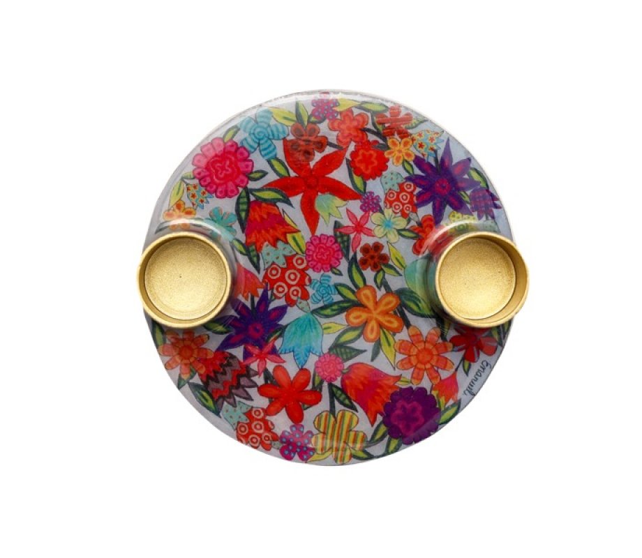 Yair Emanuel Small Candle Holders on Attached Tray - Colorful Flower Design