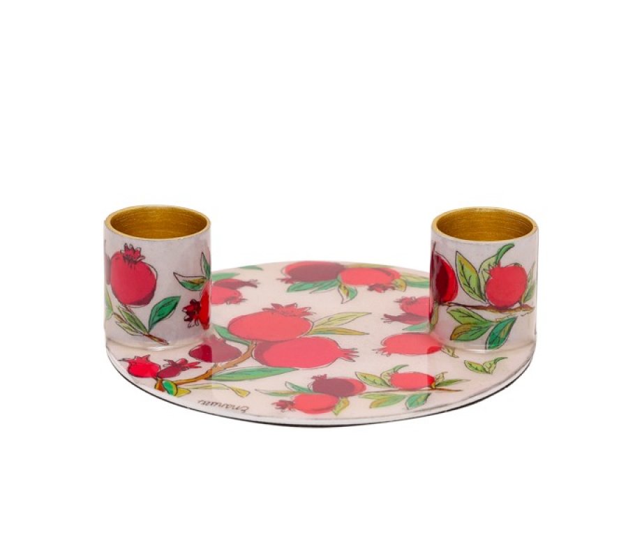 Yair Emanuel Small Candle Holders on Attached Tray - Pomegranate Design