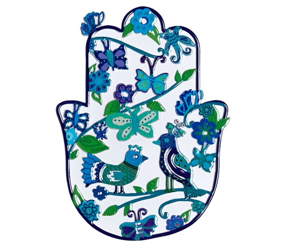 Yair Emanuel Small Colorful Wall Hamsa with Blue Butterflies and Birds
