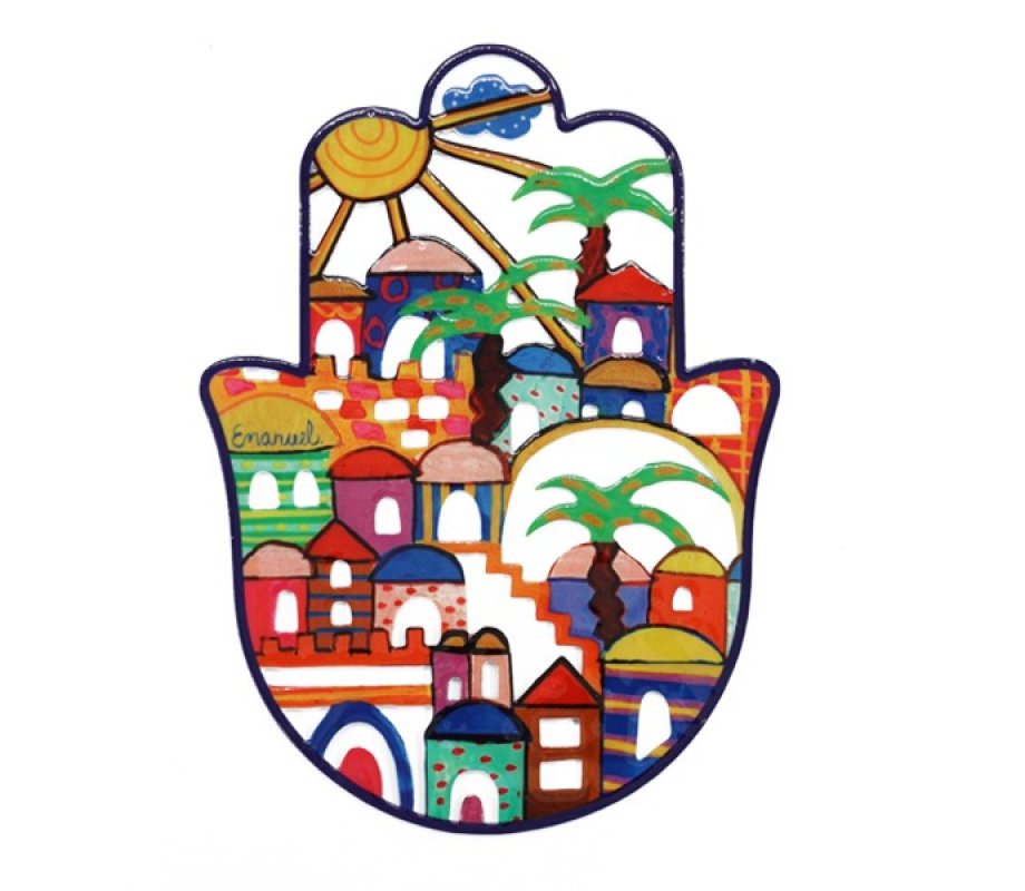 Yair Emanuel Small Colorful Wall Hamsa with Jerusalem Design