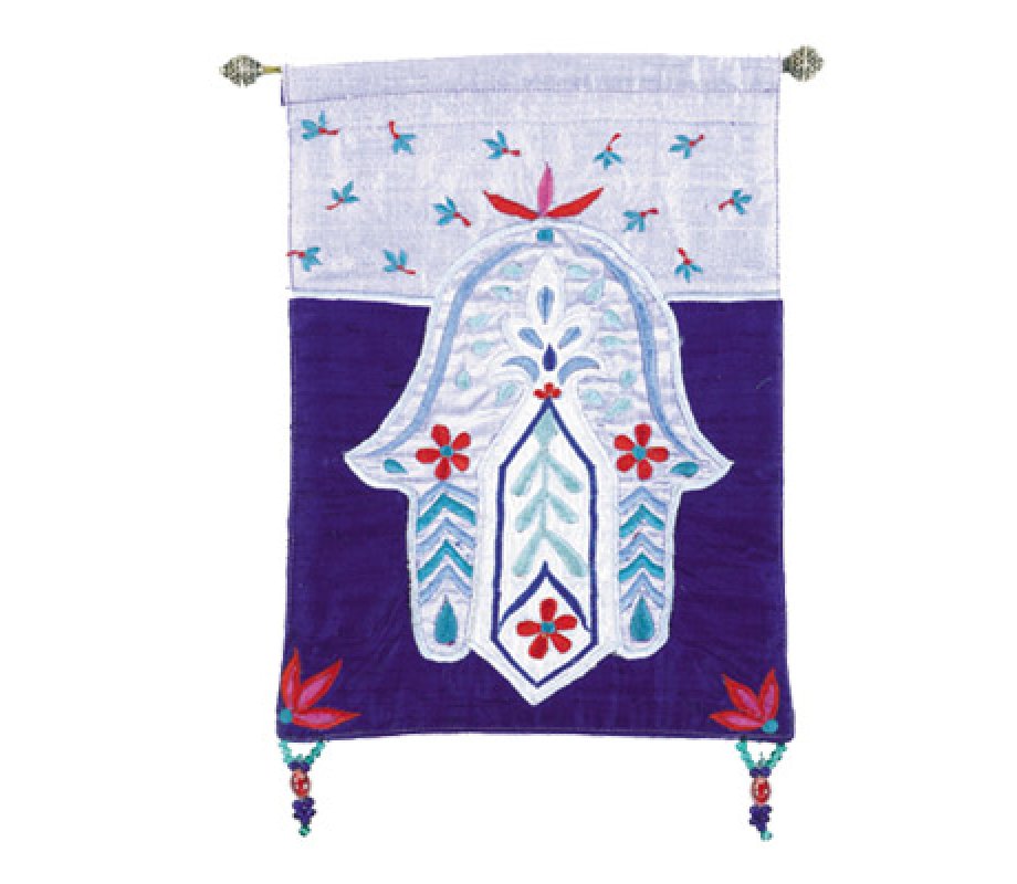Yair Emanuel Small Hamsa, Appliqued Silk Wall Hanging – Purple and Blue Flowers