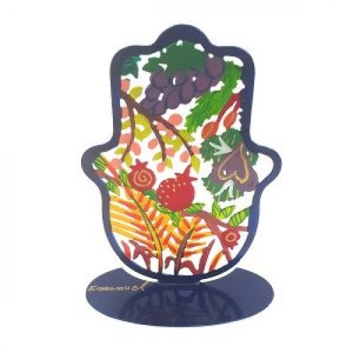 Yair Emanuel Small Hand Painted Hamsa on Stand  Seven Species of the Holy Land