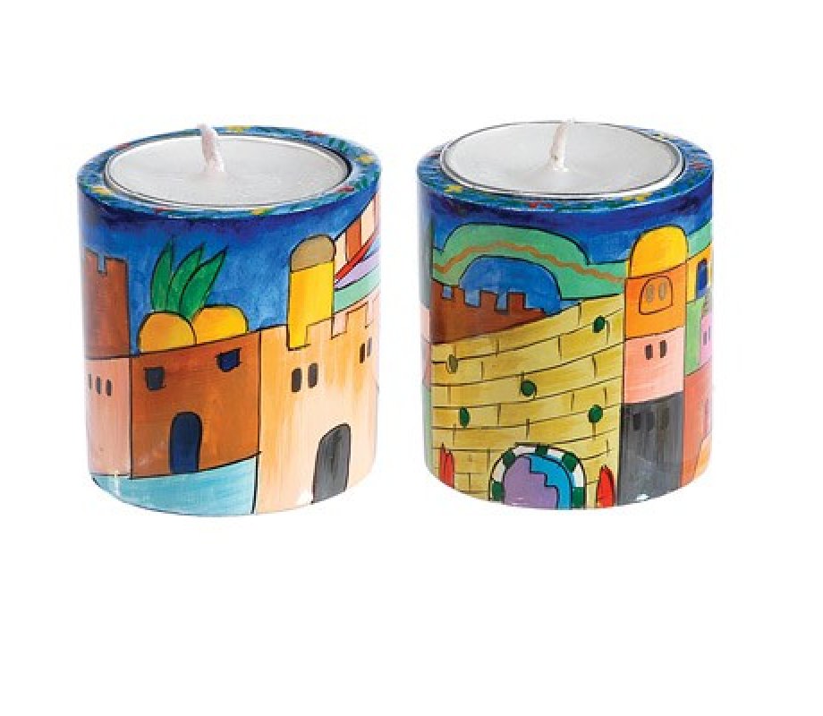 Yair Emanuel Small Hand Painted Wood Candlesticks - Jerusalem