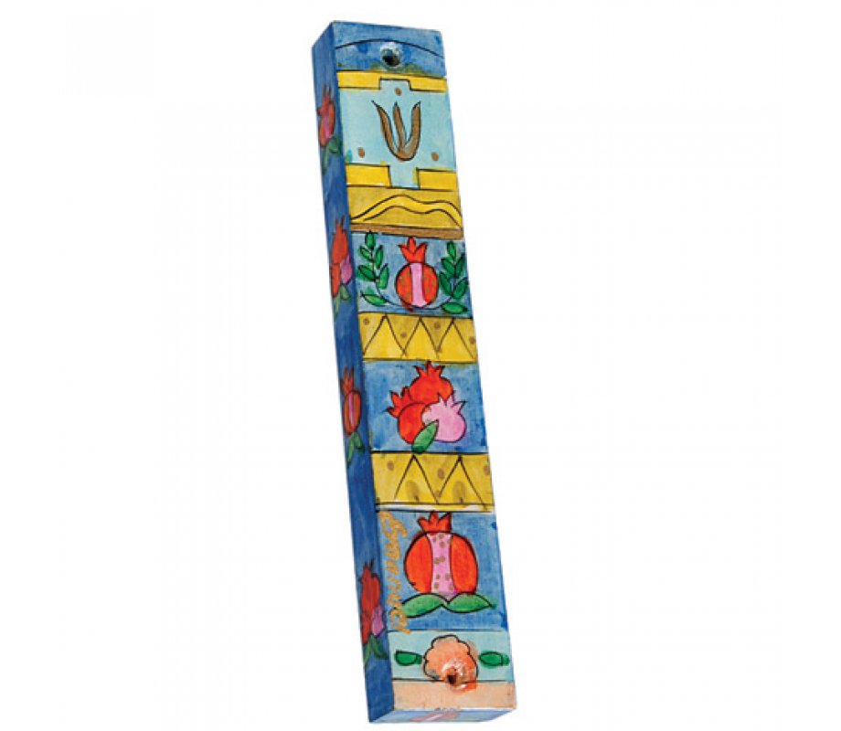 Yair Emanuel Small Hand Painted Wood Mezuzah - Pomegranates and Gold Stripes