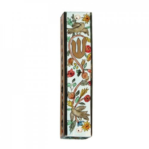 Yair Emanuel Small Hand Painted Wood Mezuzah Case - Birds and Pomegranates