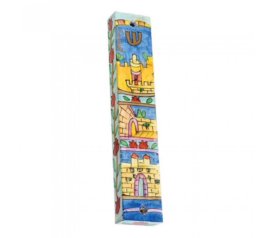 Yair Emanuel Small Hand Painted Wood Mezuzah Case - Jerusalem Gates