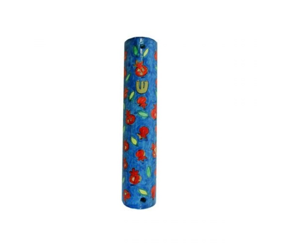 Yair Emanuel Small Hand Painted Wood Mezuzah Case - Red Pomegranates on Blue