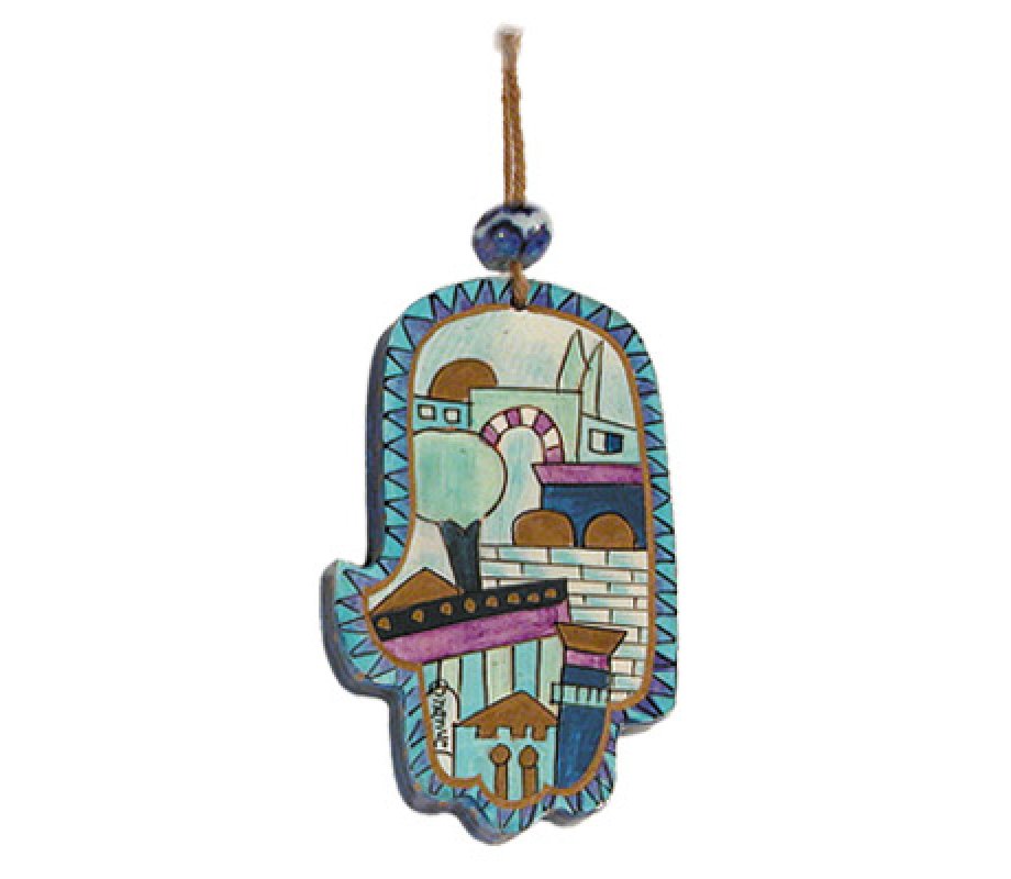 Yair Emanuel Small Hand Painted Wood Wall Hamsa, Blue - Jerusalem