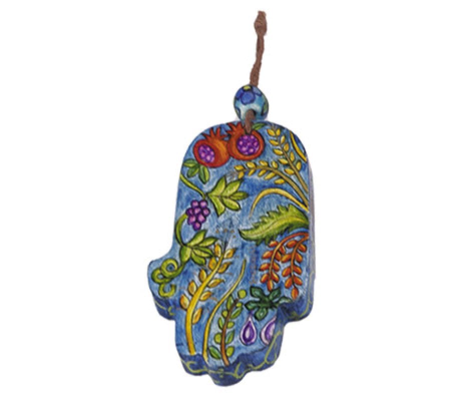 Yair Emanuel Small Hand Painted Wood Wall Hamsa, Blue - Seven Species