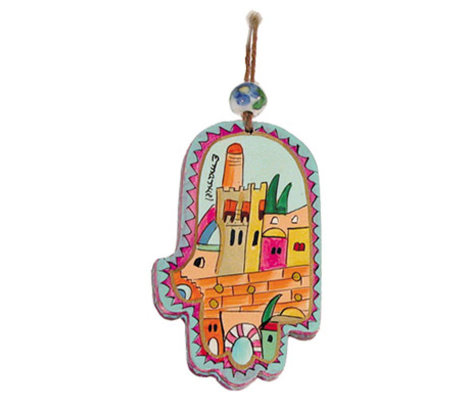 Yair Emanuel Small Hand Painted Wood Wall Hamsa, Colorful - Tower of David