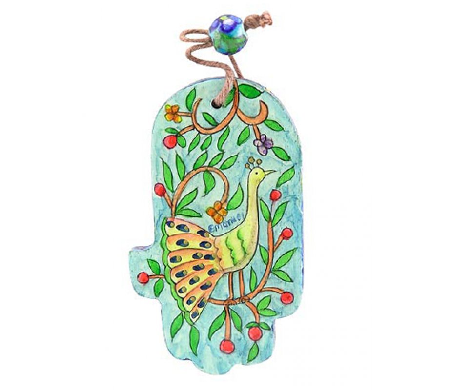 Yair Emanuel Small Hand Painted Wood Wall Hamsa, Green and Gold - Peacocks
