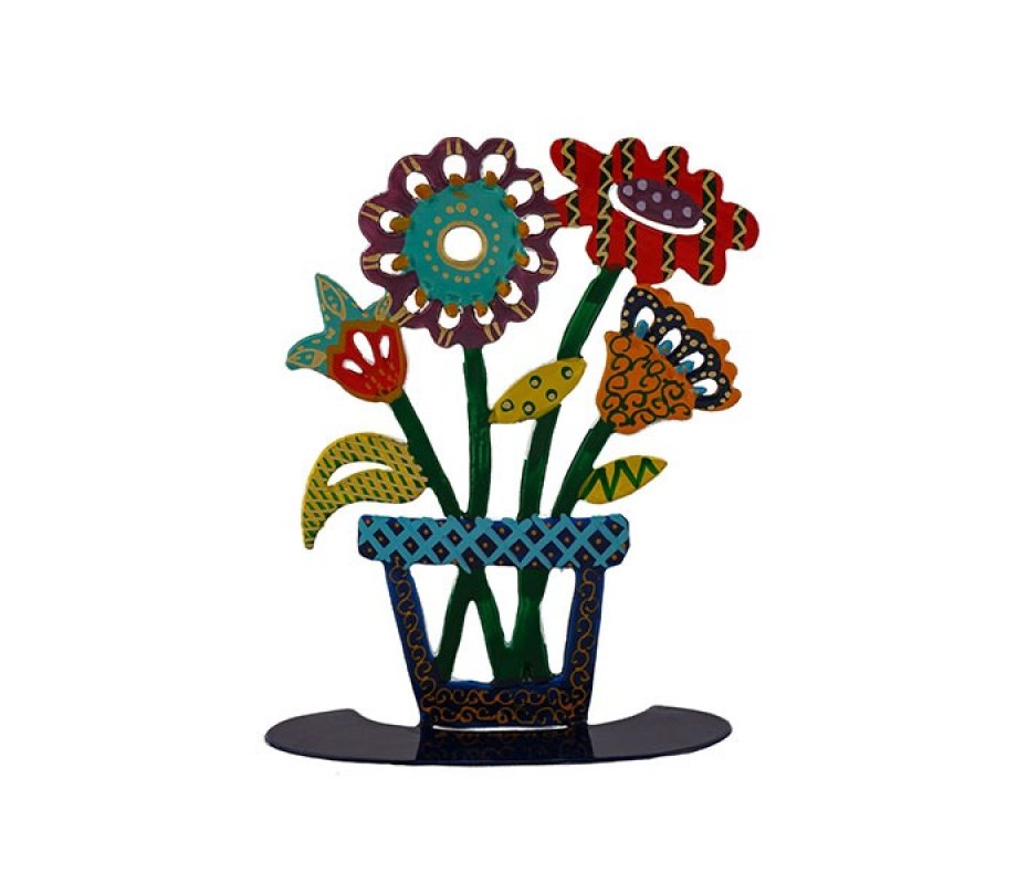 Yair Emanuel Small Hand-Painted Sculpture on Stand - Colorful Flowers